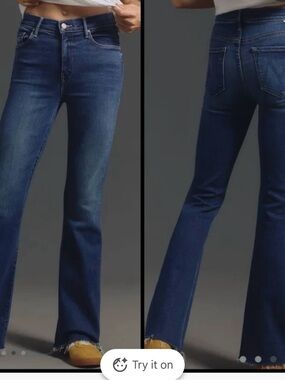 MOTHER weekender fray Medium Blue Flare Jeans with Raw Hem